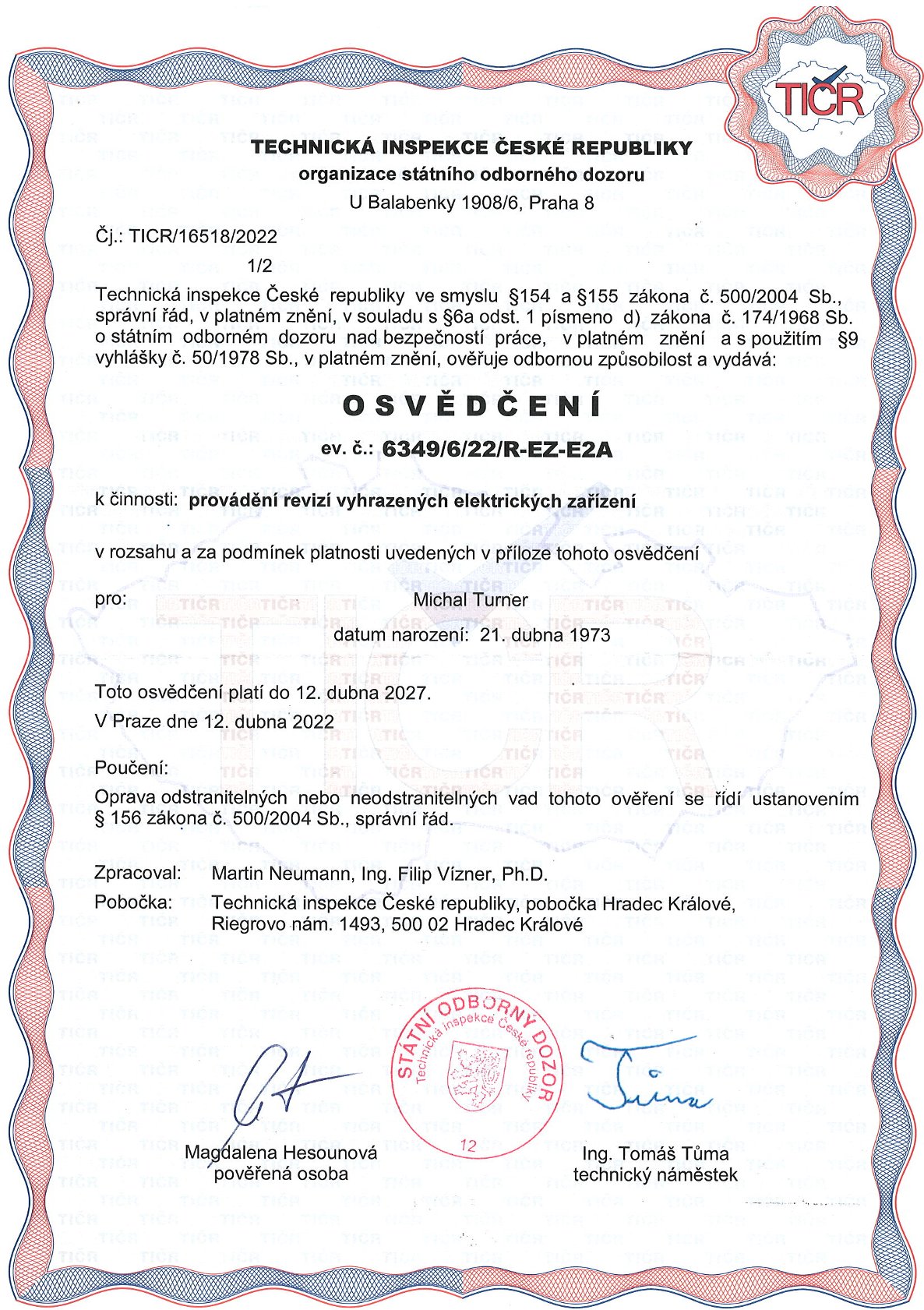 osvědčení TIČR 6349/6/22/R-EZ-E2A