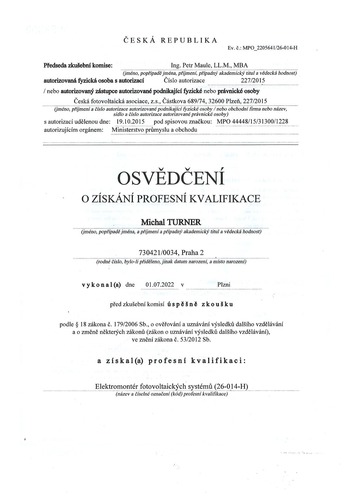 osvědčení fotovoltaika